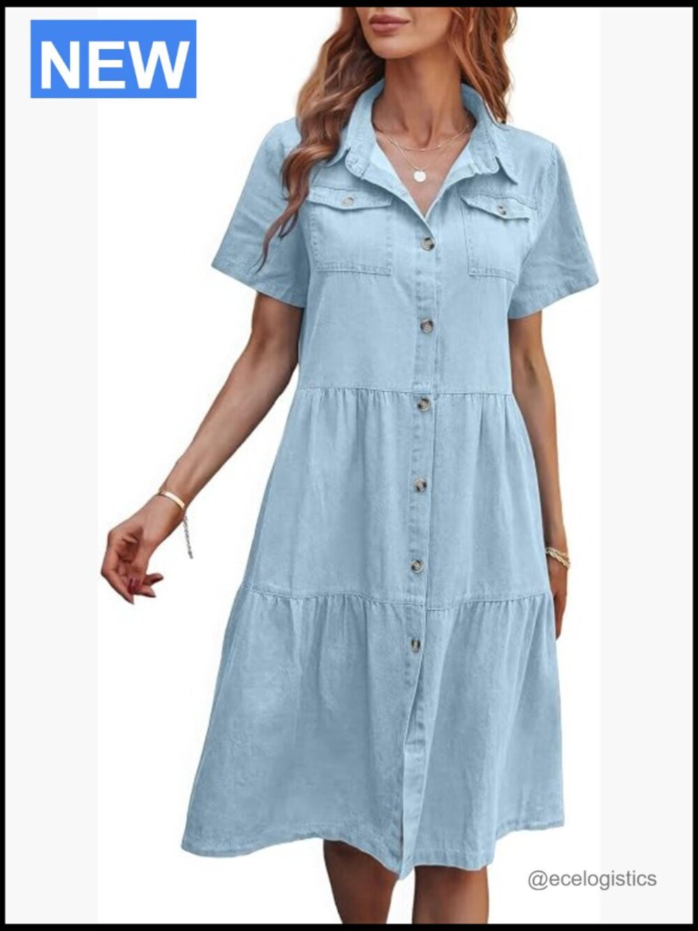 Women's Short Sleeve Denim Shirt Dress Button Down A-Line Knee Length Tiered